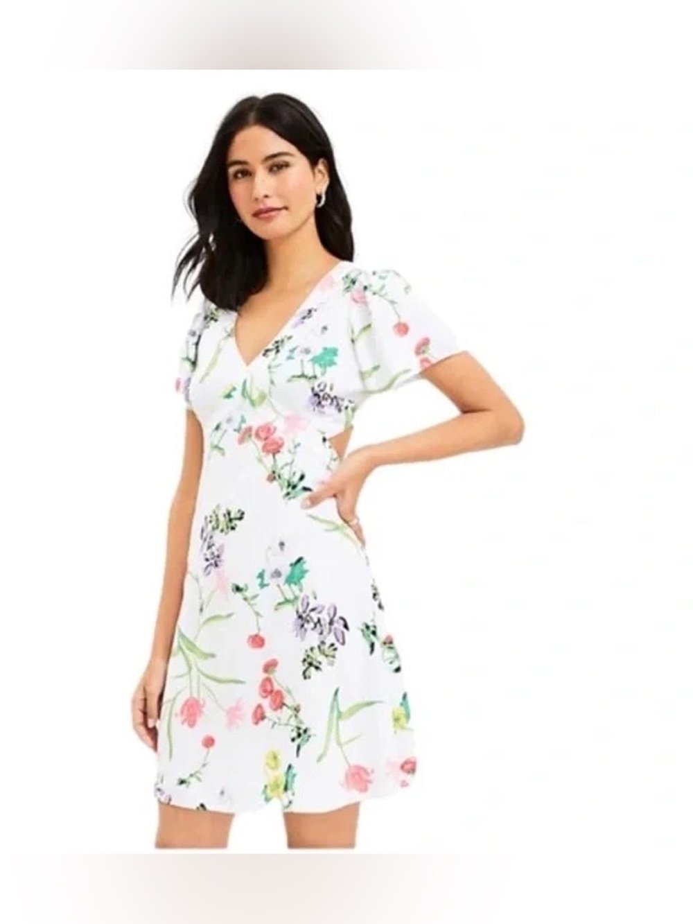 EUC LOFT White Midi Dress with Red & Green Floral Print w/ Cutouts Size 2